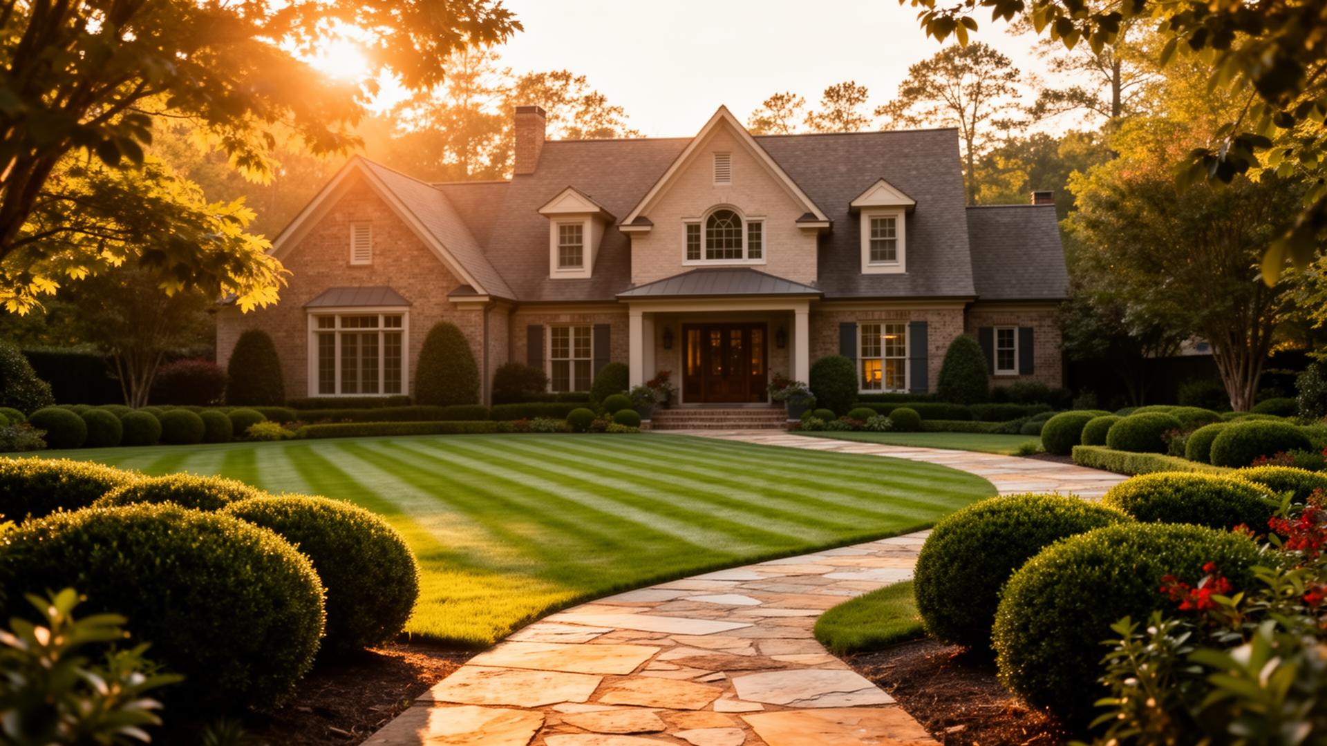 Beautifully landscaped Tennessee home with a freshly mowed striped lawn at golden hour